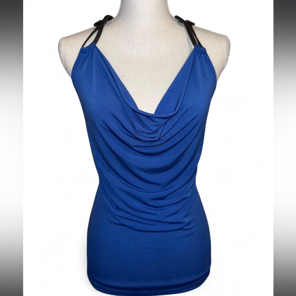 Y2K Caché Blue Halter Top – Cowl Neck